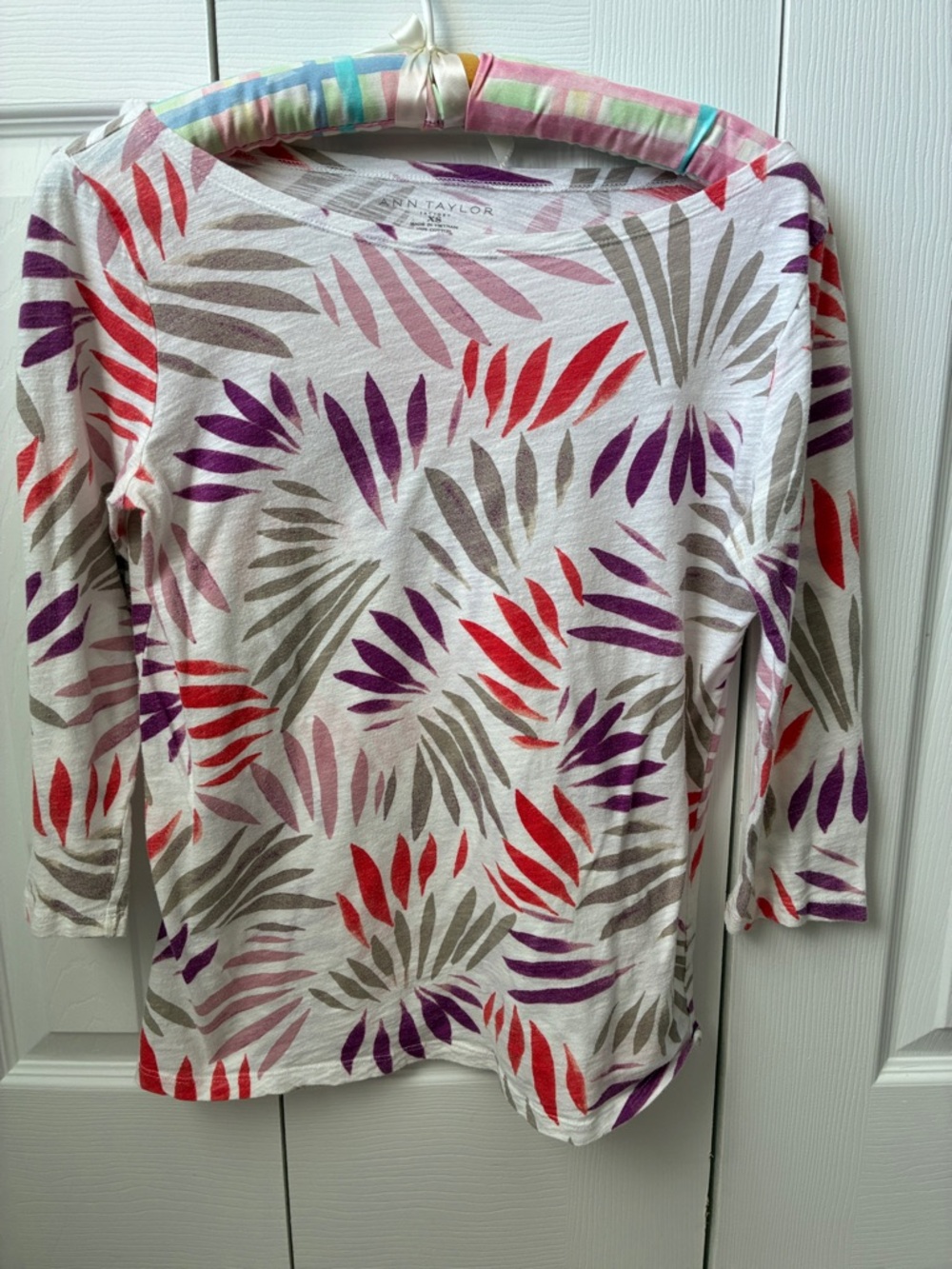 Ann Taylor White Floral-Print Boatneck Top - Pink, Red, Purple